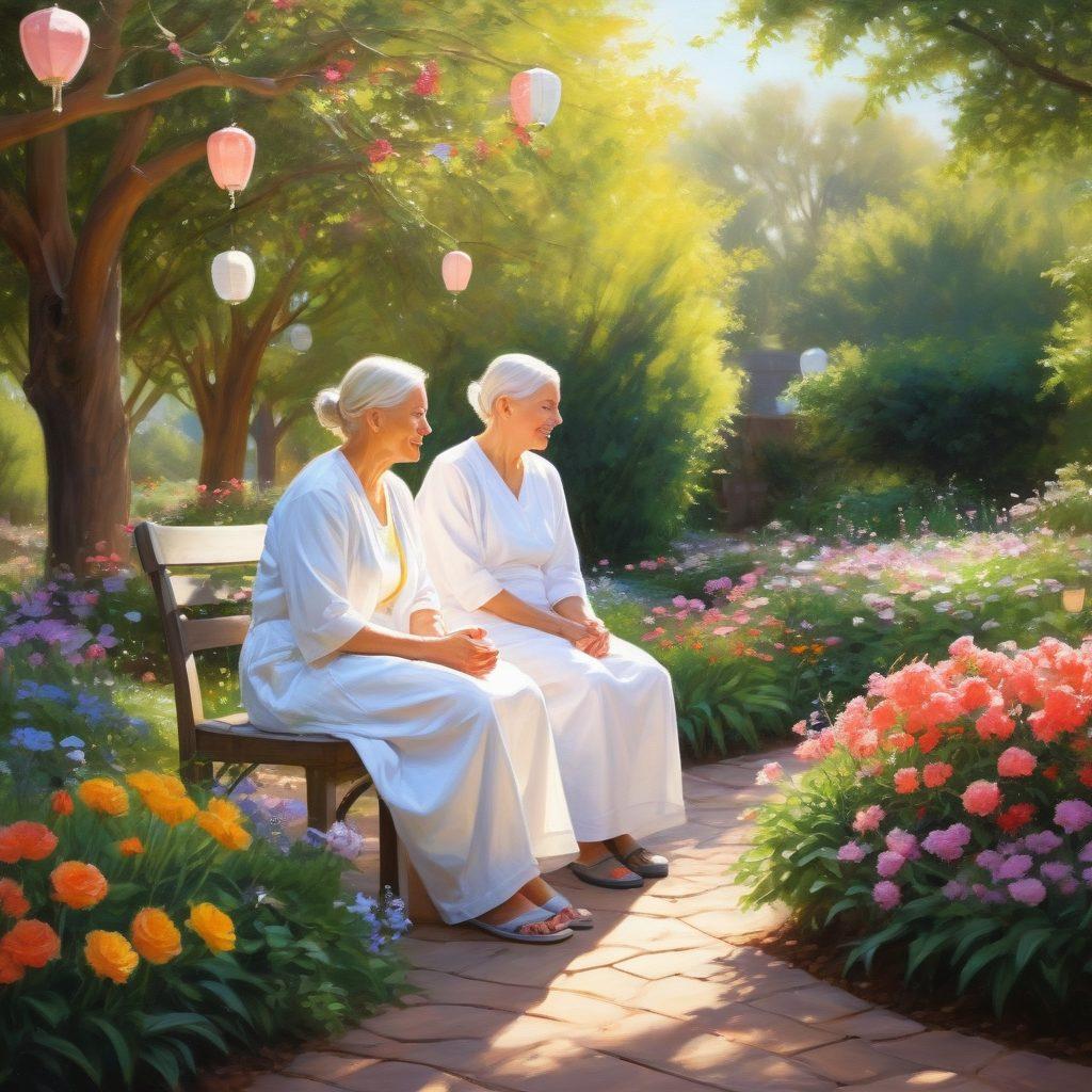 A serene scene depicting a cancer patient and an advocate sitting together in a sunlit garden, surrounded by blooming flowers, sharing an inspiring conversation. Include symbols of hope like ribbons and lanterns in the background, and gentle rays of sunshine illuminating their faces, highlighting warmth and connection. The atmosphere should convey empowerment and support. vibrant colors. soft focus. painting.