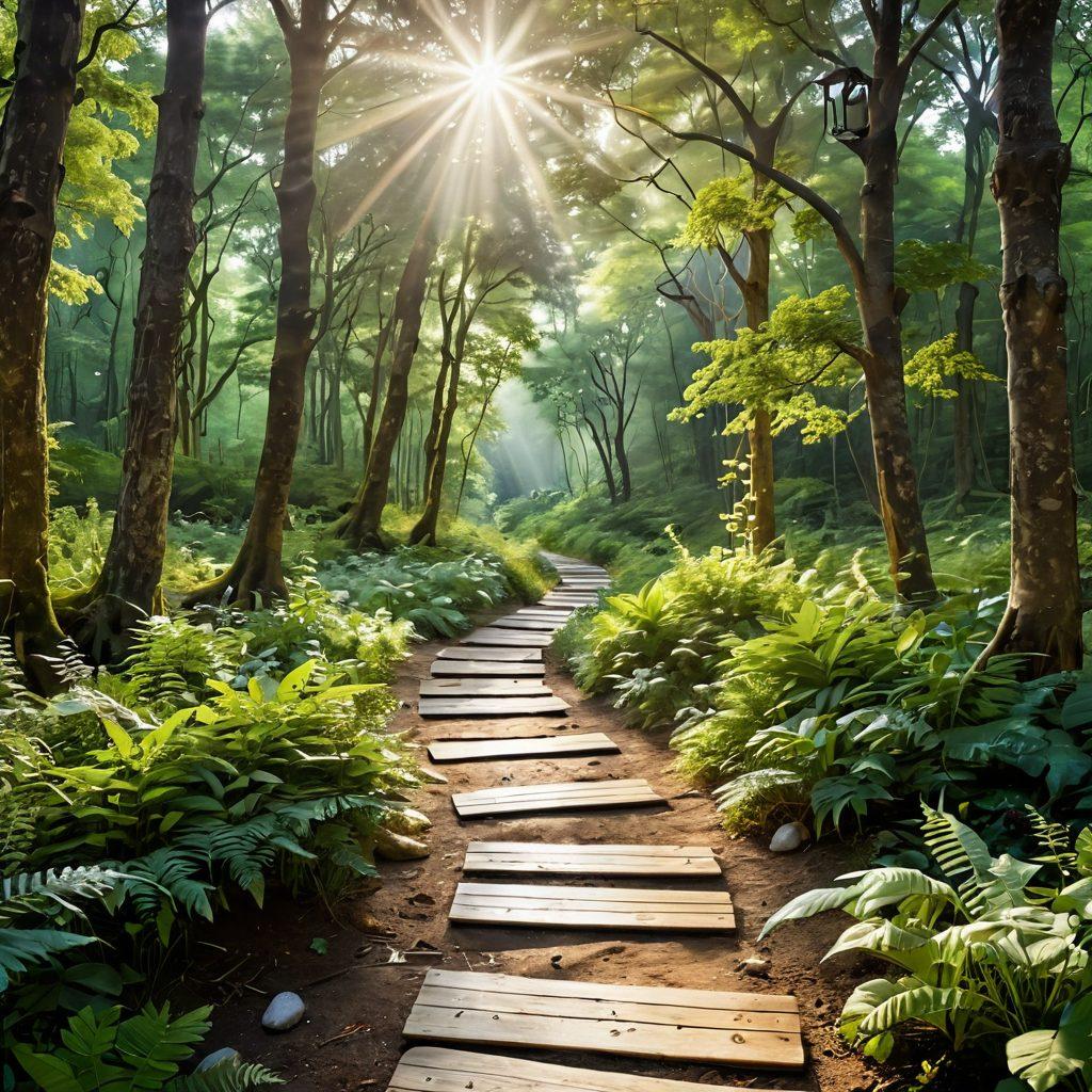 An open path through a lush forest, symbolizing the journey through cancer treatment options, featuring diverse patients interacting with healthcare professionals. Include range of medical symbols like stethoscopes, wellness items like yoga mats, and healing elements like sunlight filtering through trees. Soft light illuminating the scene to convey hope and vitality. The background should showcase a serene sky with soft clouds. vibrant colors. painting.